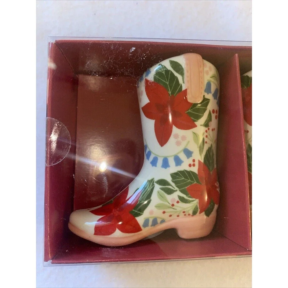 new Salt Pepper Shaker Set Cowgirl Boots Poinsettia Ranch Holiday farm country